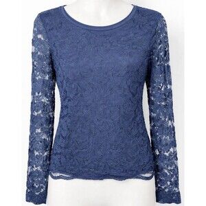Chico’s Blue Lace Long Sleeve Top Back Zip Sheer Sleeves Women’s Size 1 US M